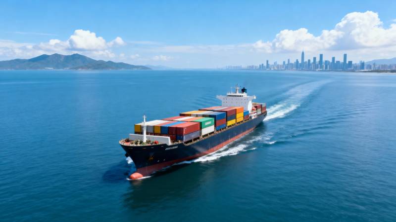 货轮驶向城市天际线图片