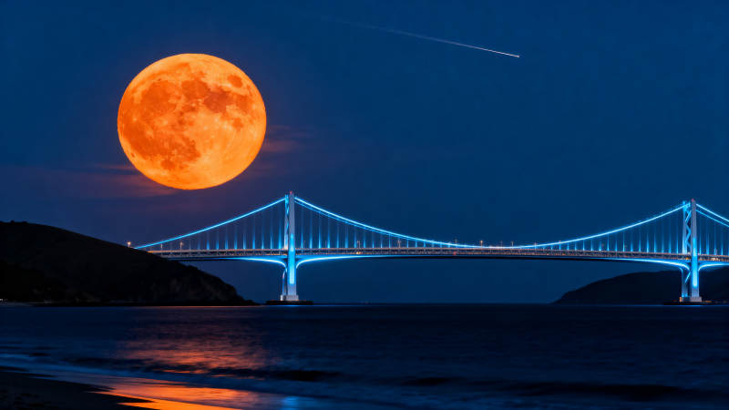 月升桥影夜景图片