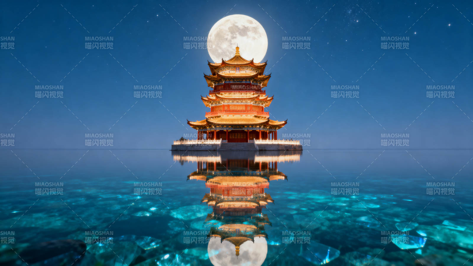 月下楼阁倒影图片