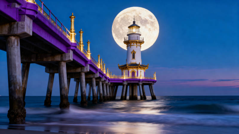 月夜灯塔长桥图片