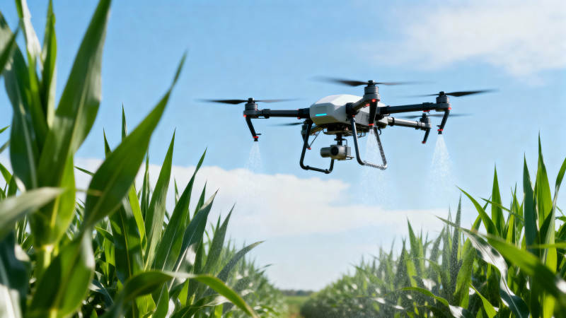 无人机喷洒玉米田图片