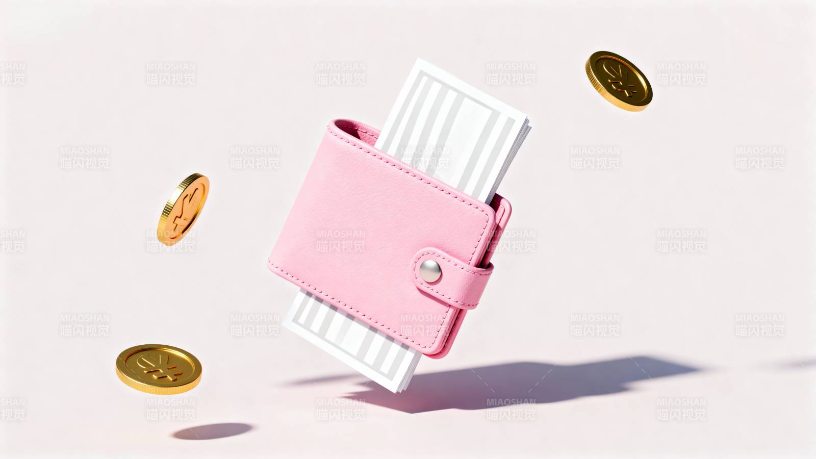粉色钱包与金币飘浮图片