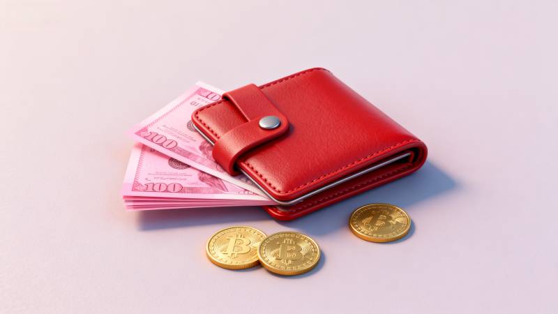 红色钱包与钱币图片