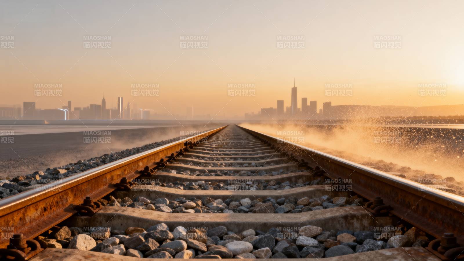 铁轨延伸向城市天际图片