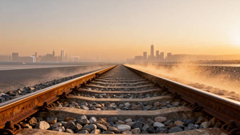 铁轨延伸向城市天际图片