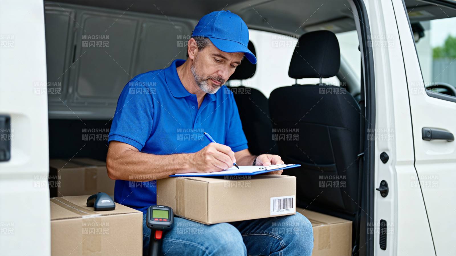 快递员在车里签单图片