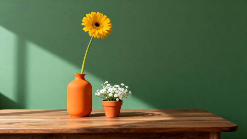 黄花绿墙静谧景图片