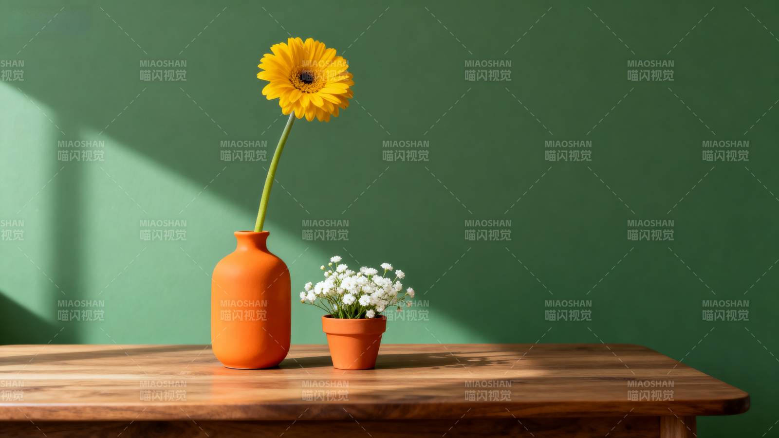 黄花绿墙静谧景图片