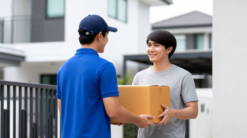 快递员送货上门图片