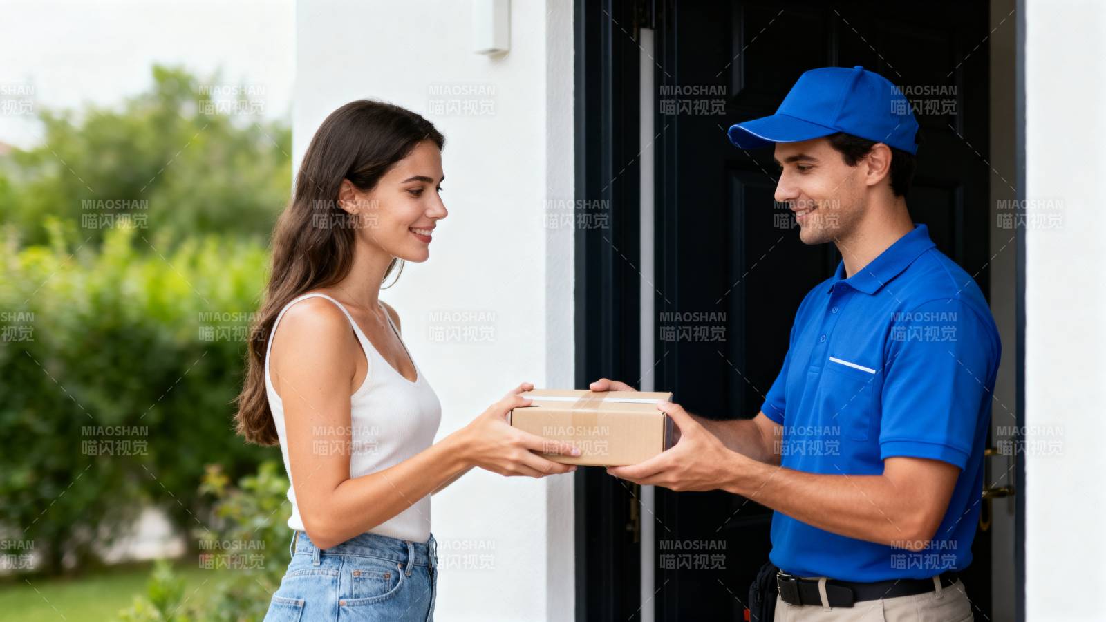 快递员送货上门图片