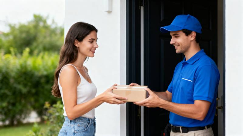 快递员送货上门图片