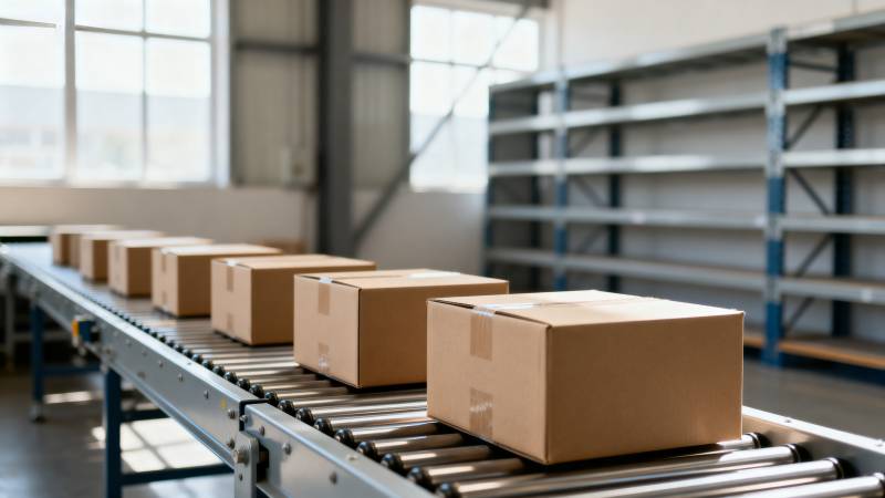 仓库传送带上的纸箱图片