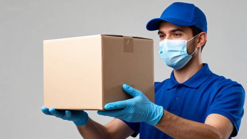 快递员戴口罩送包裹图片