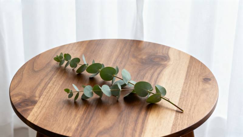 木桌上的尤加利枝图片