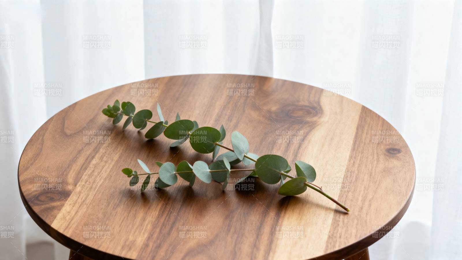 木桌上的尤加利枝图片