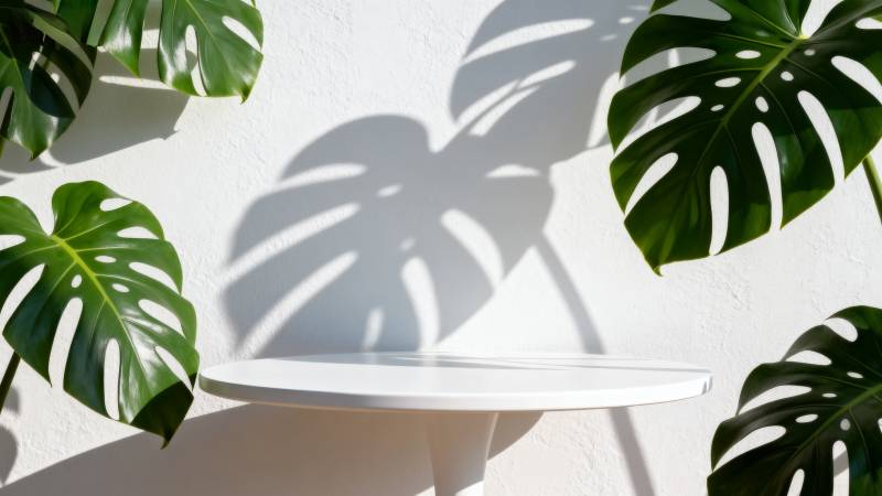 绿叶映影白桌图片