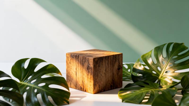 绿叶木盒光影静谧图片