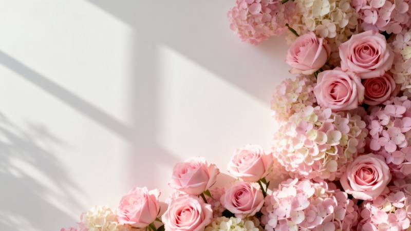 粉玫瑰与绣球花图片