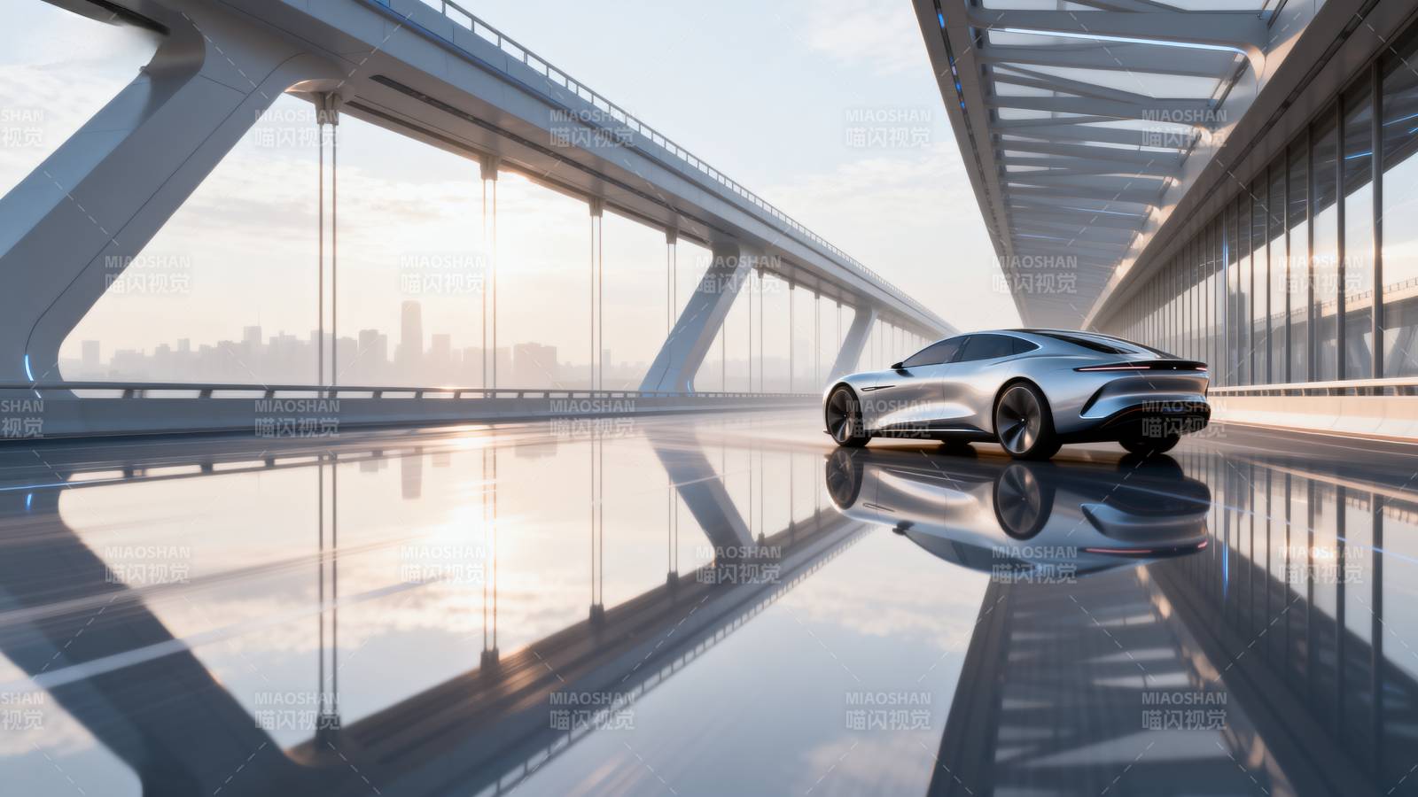 未来之桥上的银色跑车图片