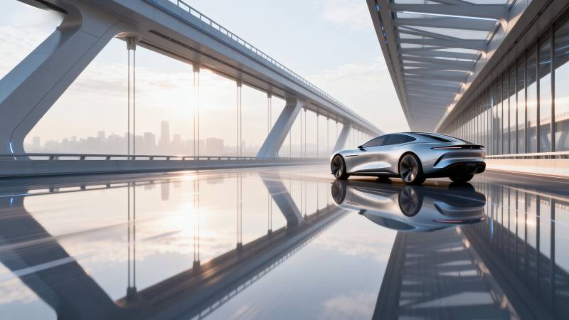 未来之桥上的银色跑车图片