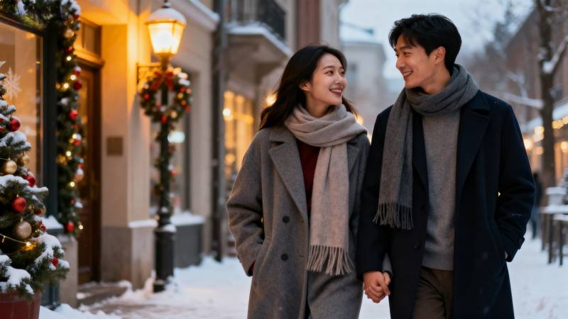 冬日街景情侣牵手图片