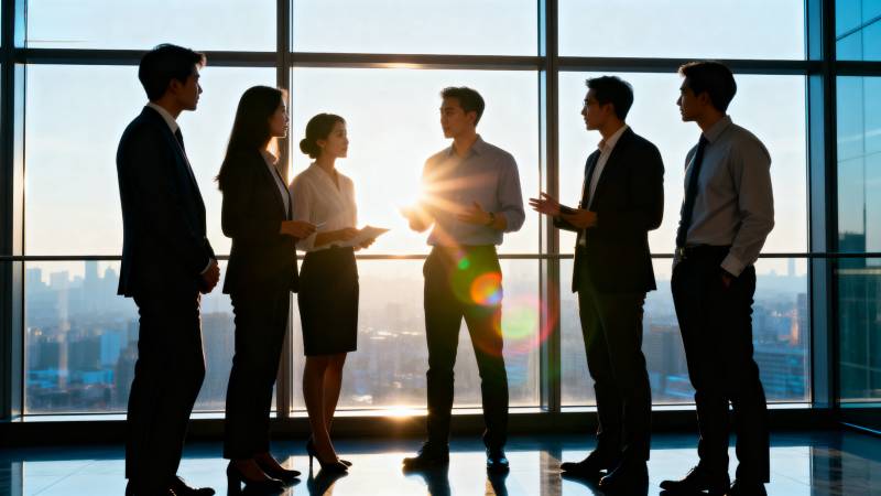 商务团队窗前交流图片