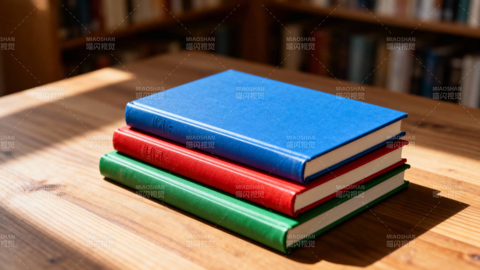 三色书叠放桌前图片