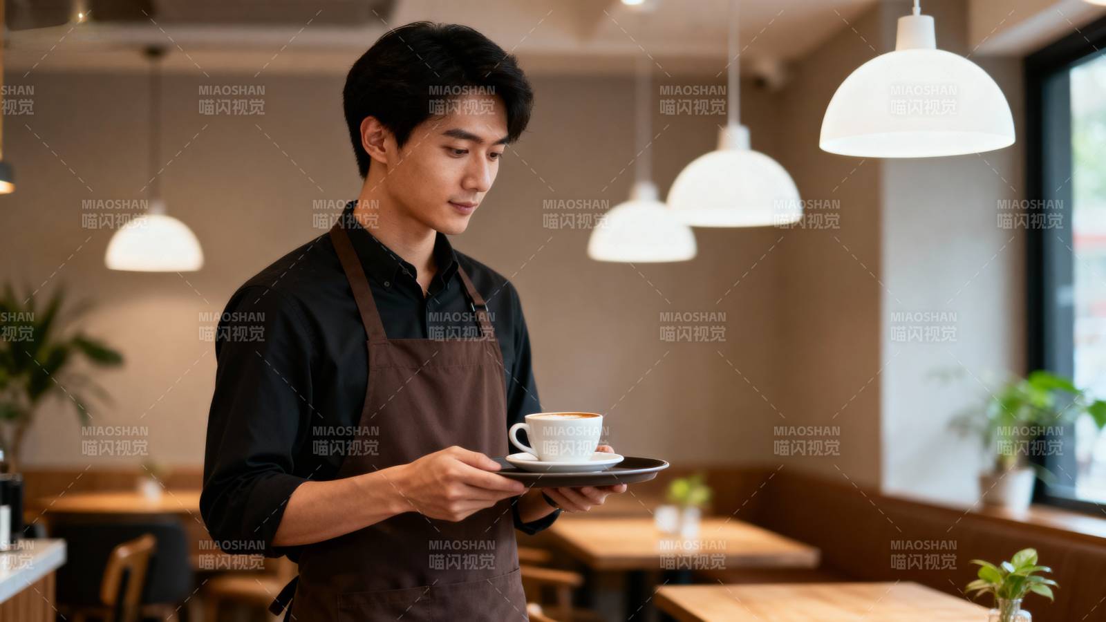 咖啡师端杯微笑图片