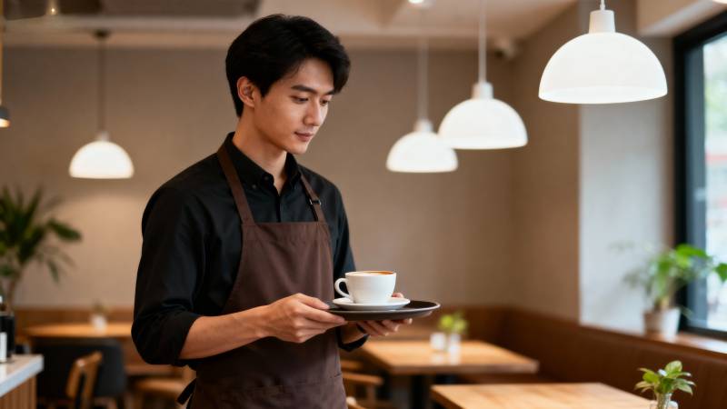 咖啡师端杯微笑图片