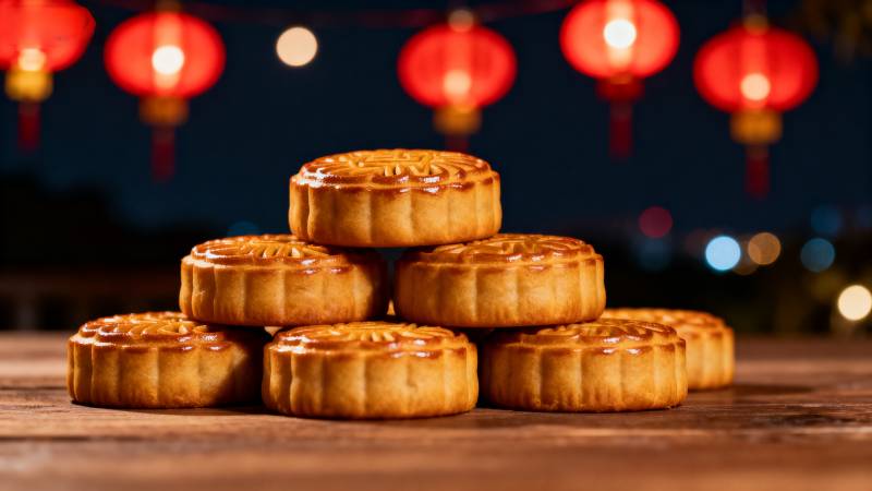 中秋月饼堆叠夜景图片