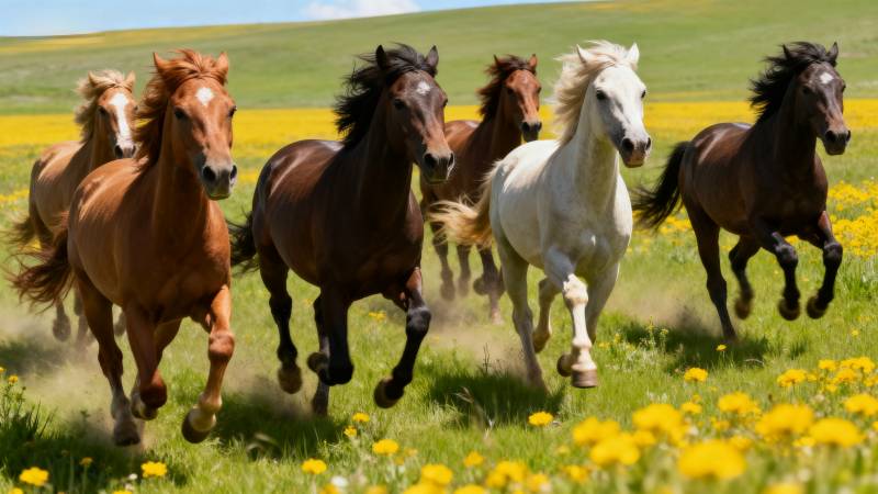 骏马奔腾花海间图片
