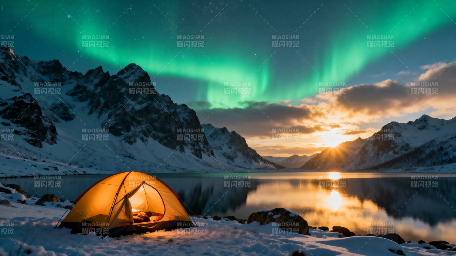 极光下的雪地帐篷图片