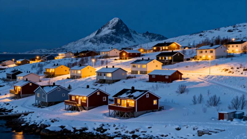 雪夜小镇灯火温馨图片