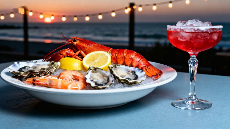 海鲜盛宴伴夕阳图片
