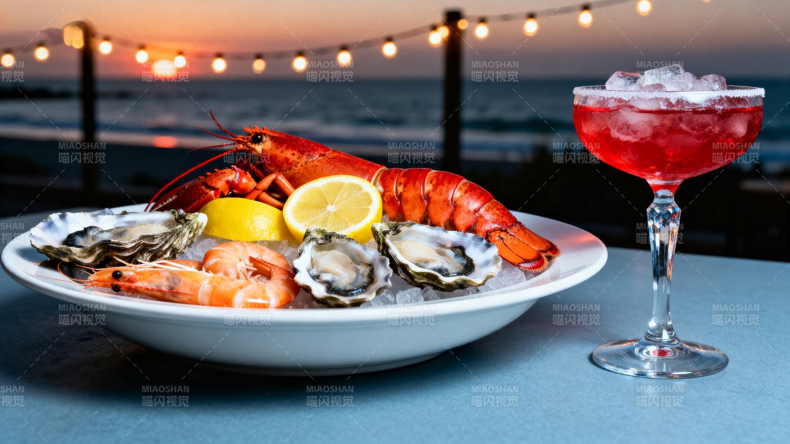 海鲜盛宴伴夕阳图片