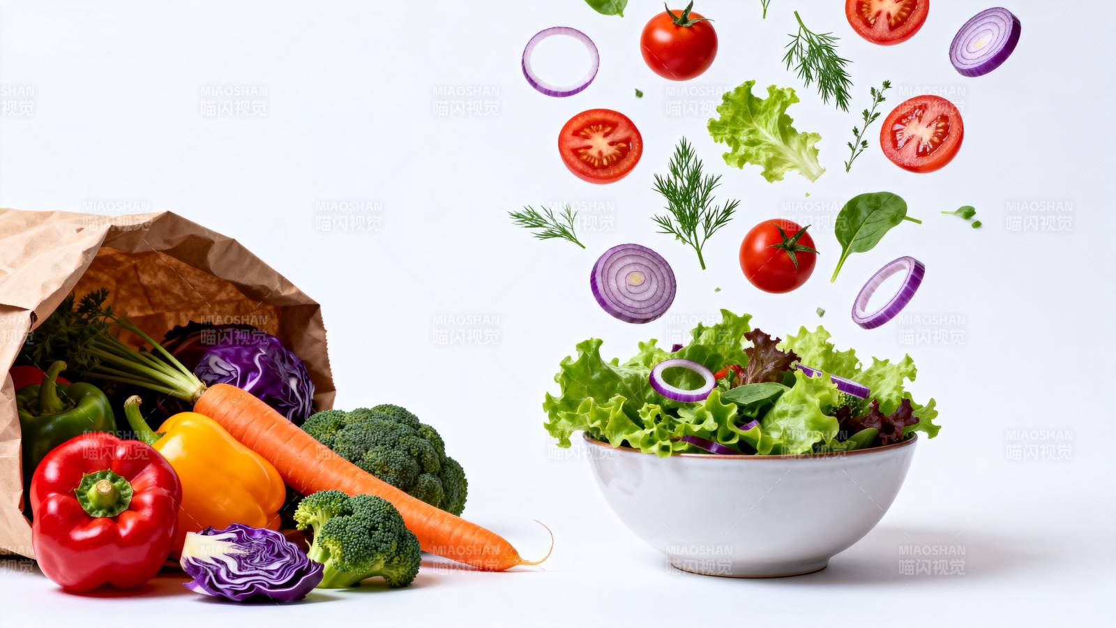 新鲜蔬菜飞入碗中图片