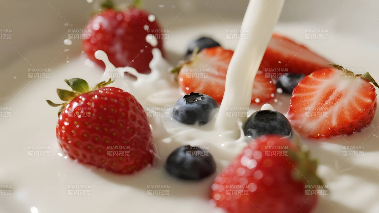 牛奶浇灌新鲜莓果图片