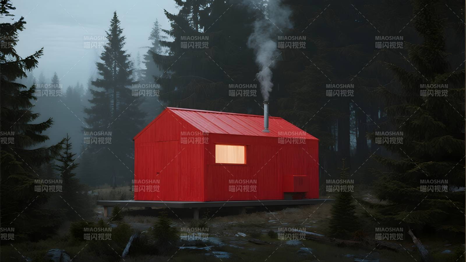 红屋林间烟袅袅图片