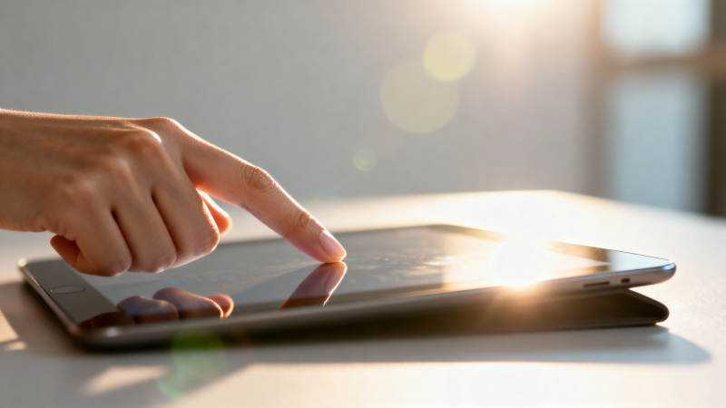 指尖轻触平板屏幕图片