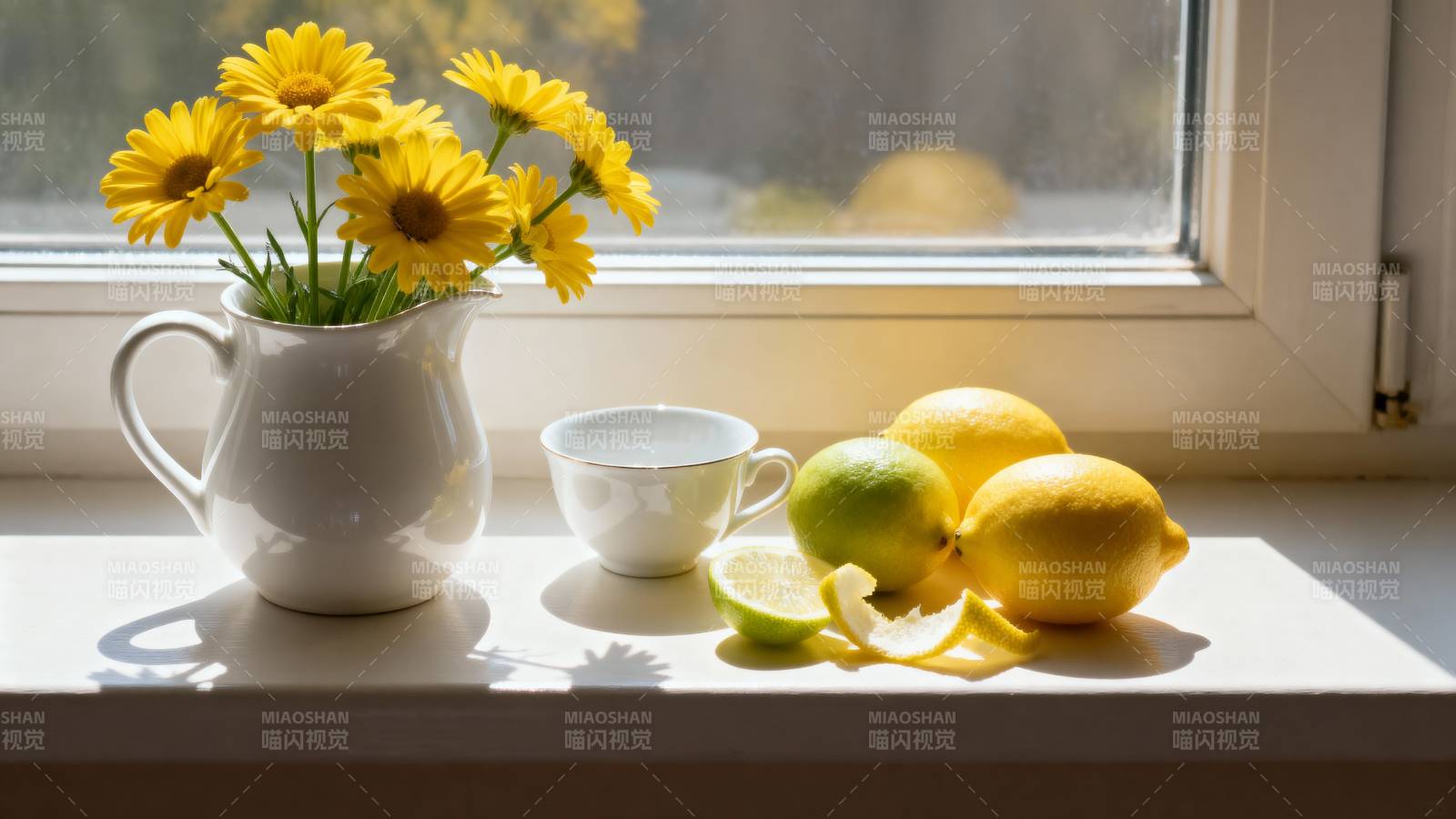 窗台上的柠檬与花图片