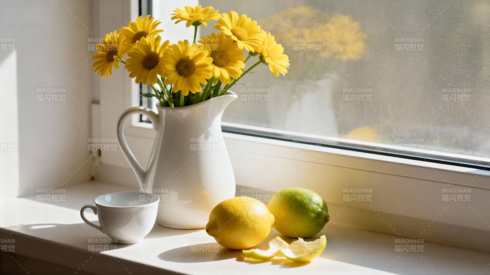 窗台上的花与柠檬图片