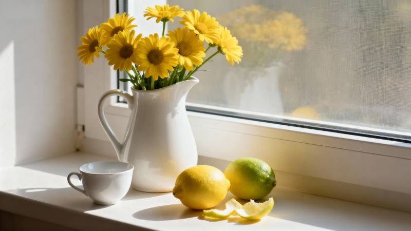 窗台上的花与柠檬图片