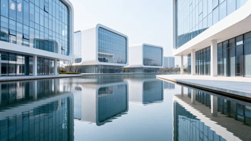 现代建筑倒影湖景图片