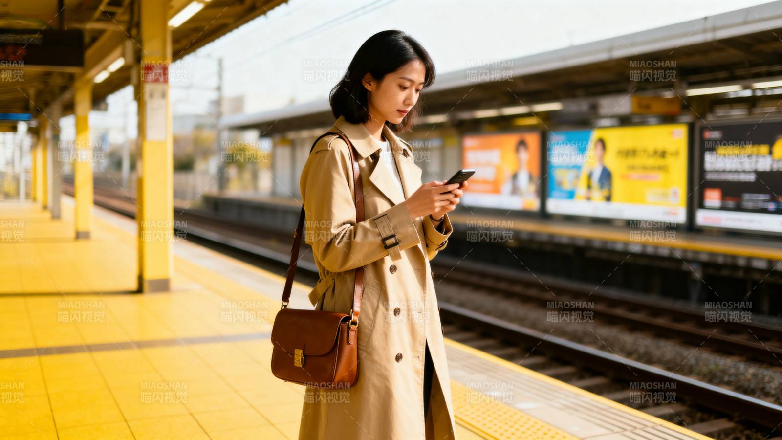 站台女子看手机图片