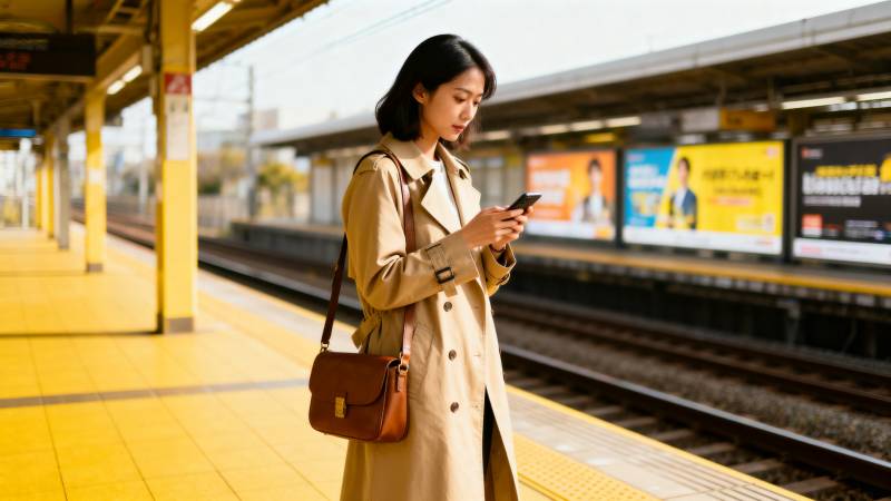 站台女子看手机图片