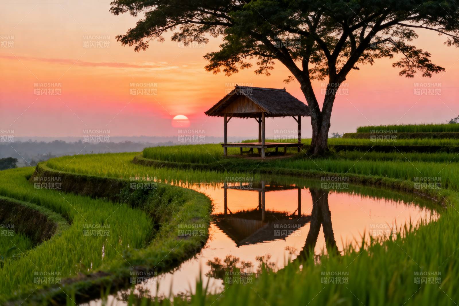 夕阳下的田园小亭图片