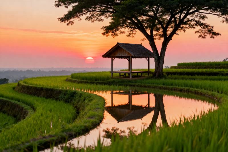 夕阳下的田园小亭图片