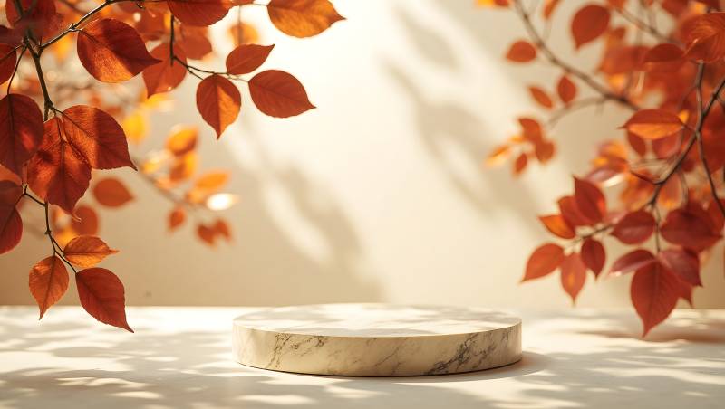秋叶映衬大理石台图片