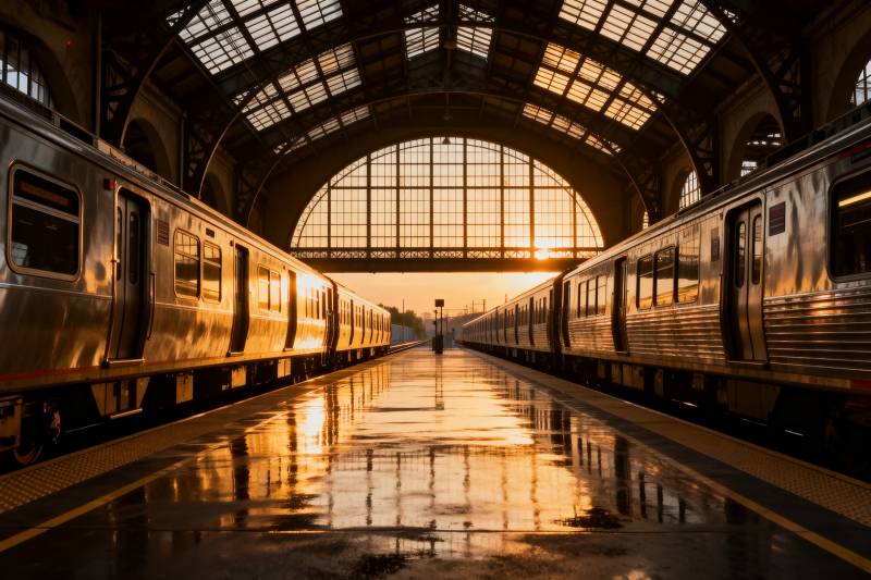 夕阳下的车站图片