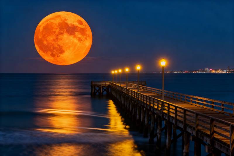 月升海港夜景图片